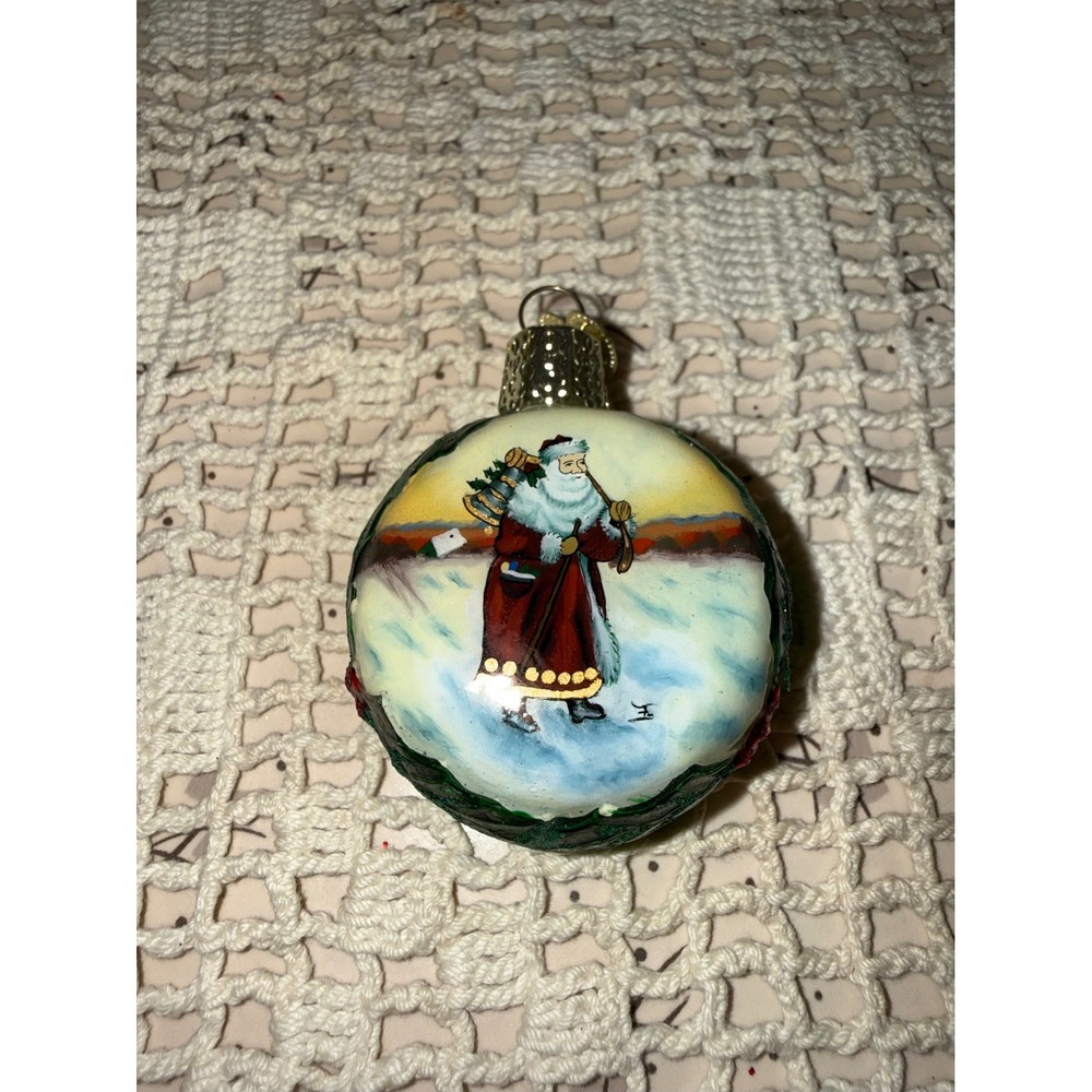 Old World Christmas Santa Skiing Glass Ornament Green Glitter OWC Heart Charm